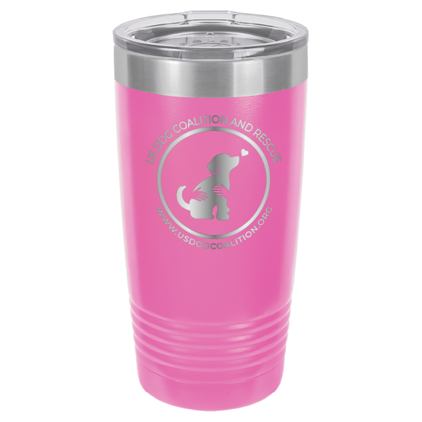 Pink 20 Oz Laser Engraved Tumbler featuring the US Dog Coalition logo.