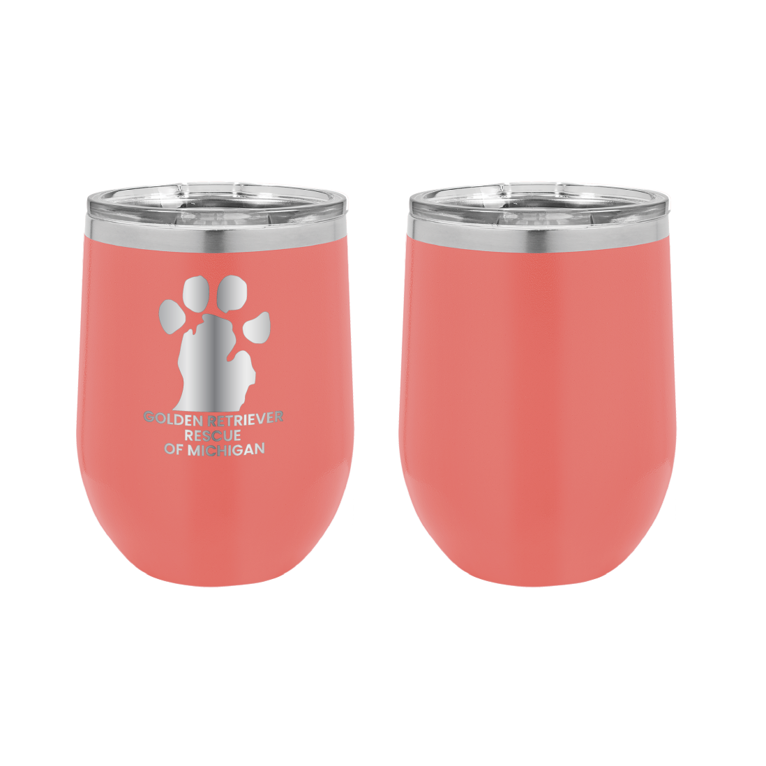 Coral 12 oz Wine tumbler featuring the Golden Retriever Rescue of Michigan logo