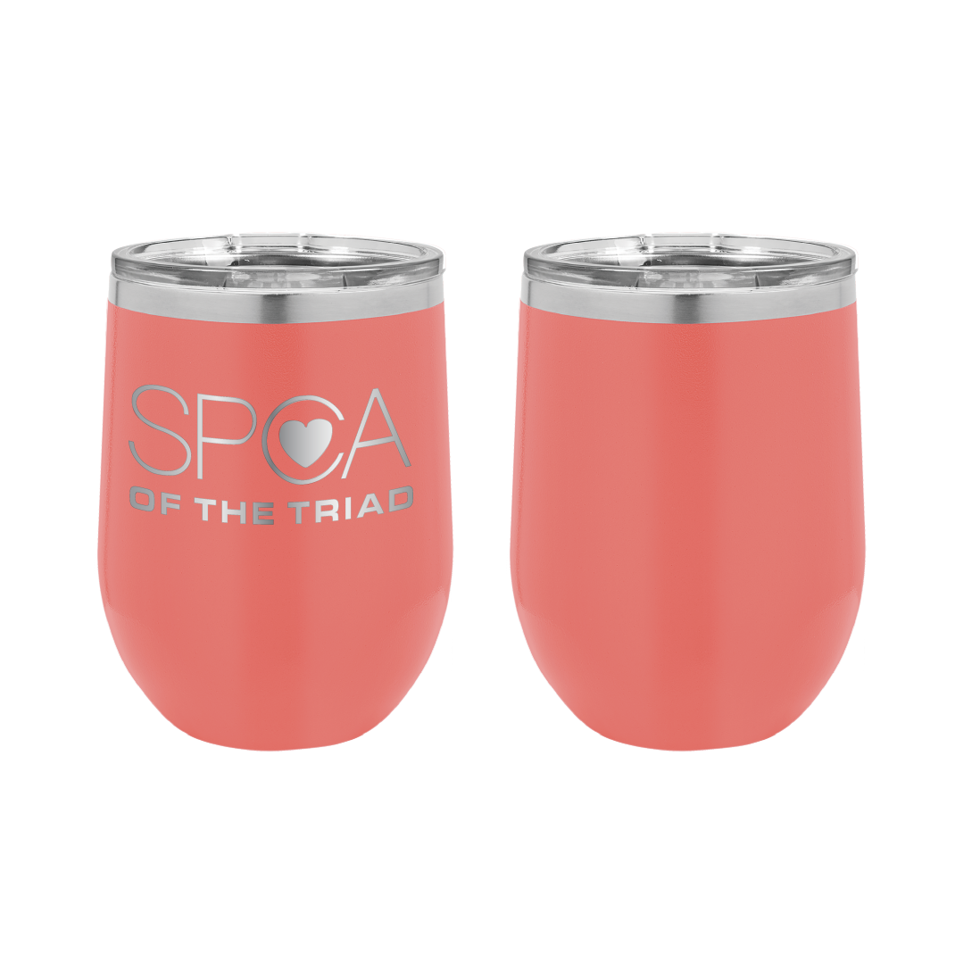 Coral 12 oz Laser engraved wine tumbler featuring the SPCA of the Triad logo.