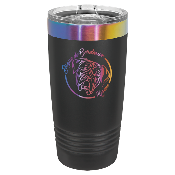 Black/prism 20 ounce laser engraved  tumbler featuring the Dogue de Bordeaux Rescue, Inc. logo