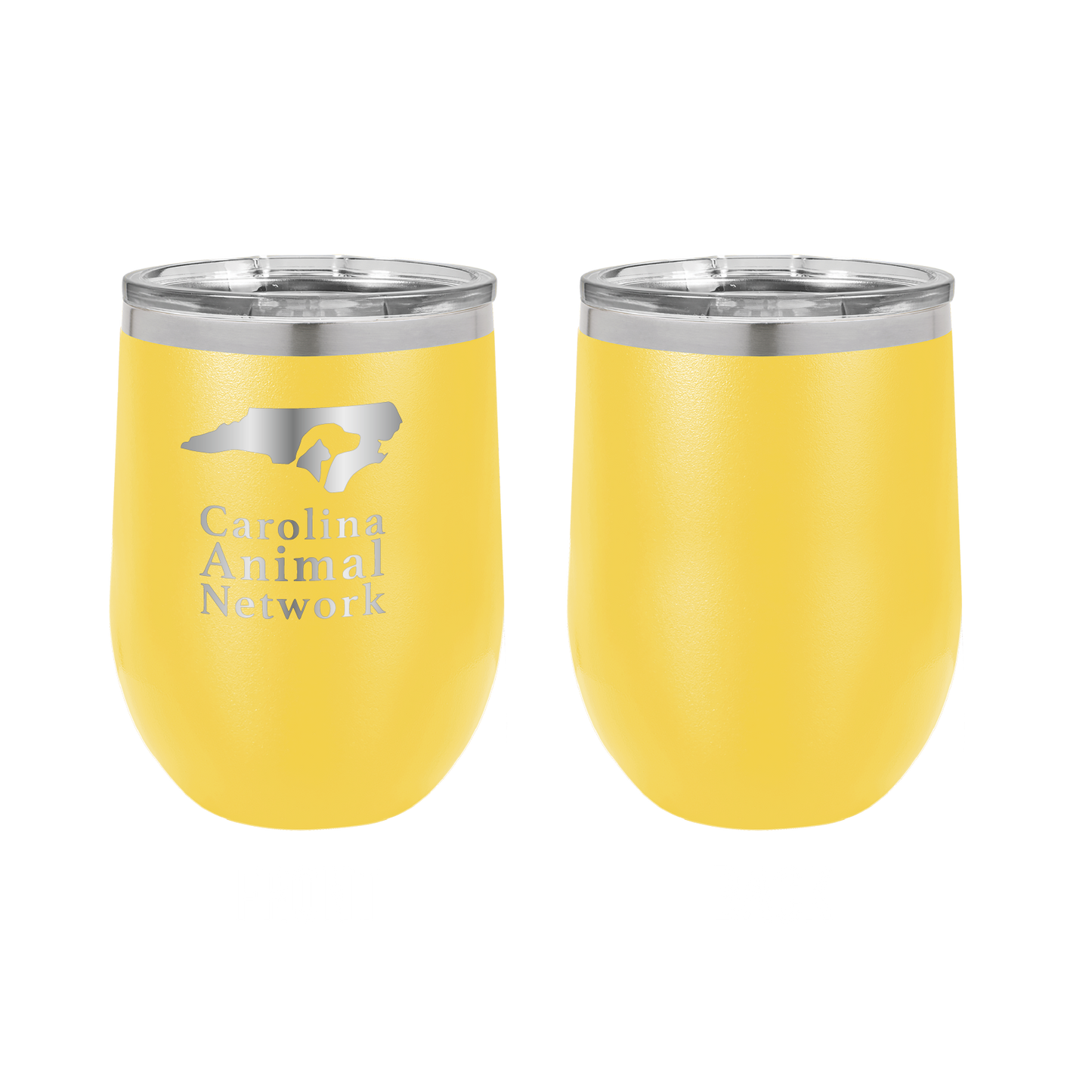 Yellow 12 oz wine tumbler laser engraved tumbler featuring the Carolina Animal Network logo