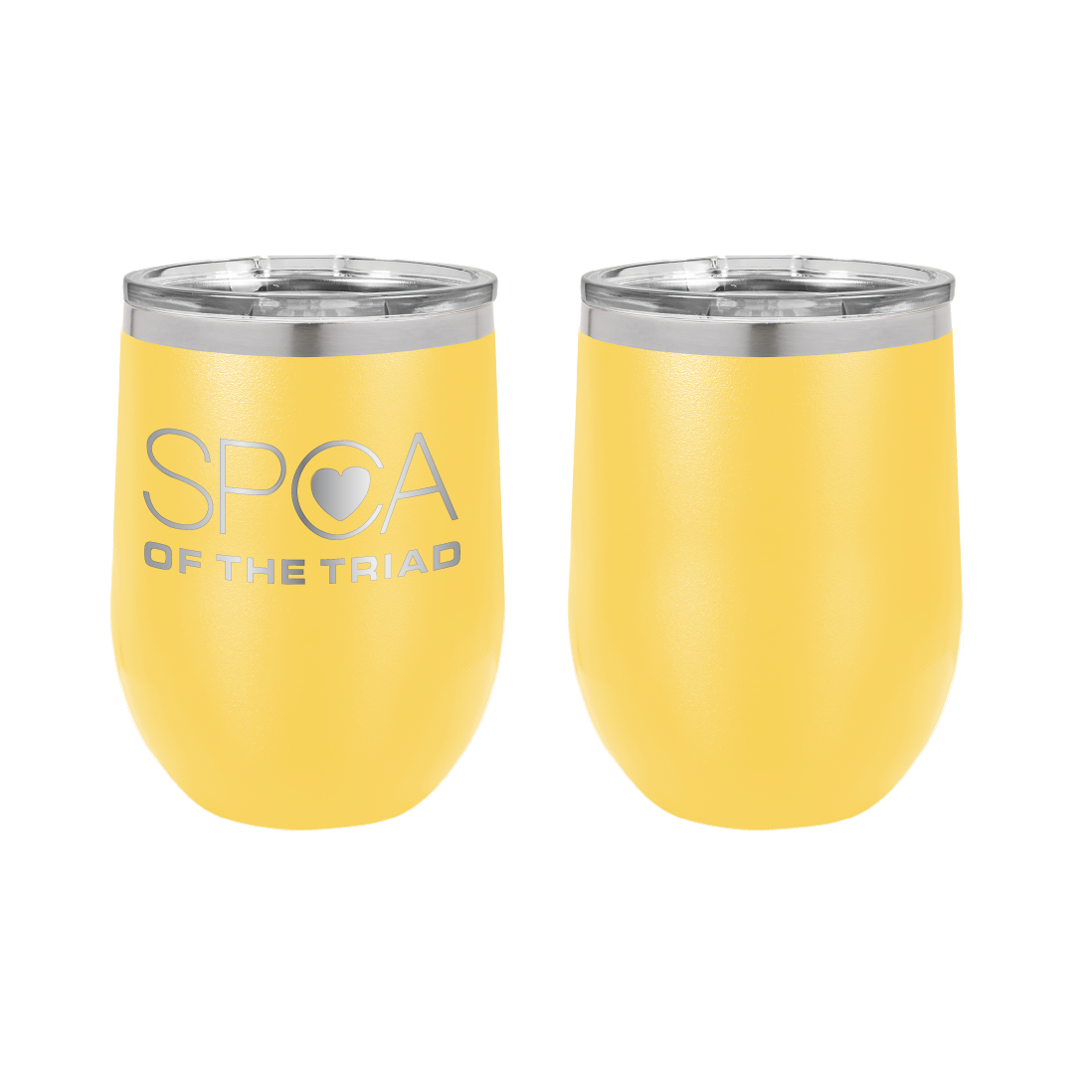 Yellow 12 oz Laser engraved wine tumbler featuring the SPCA of the Triad logo.