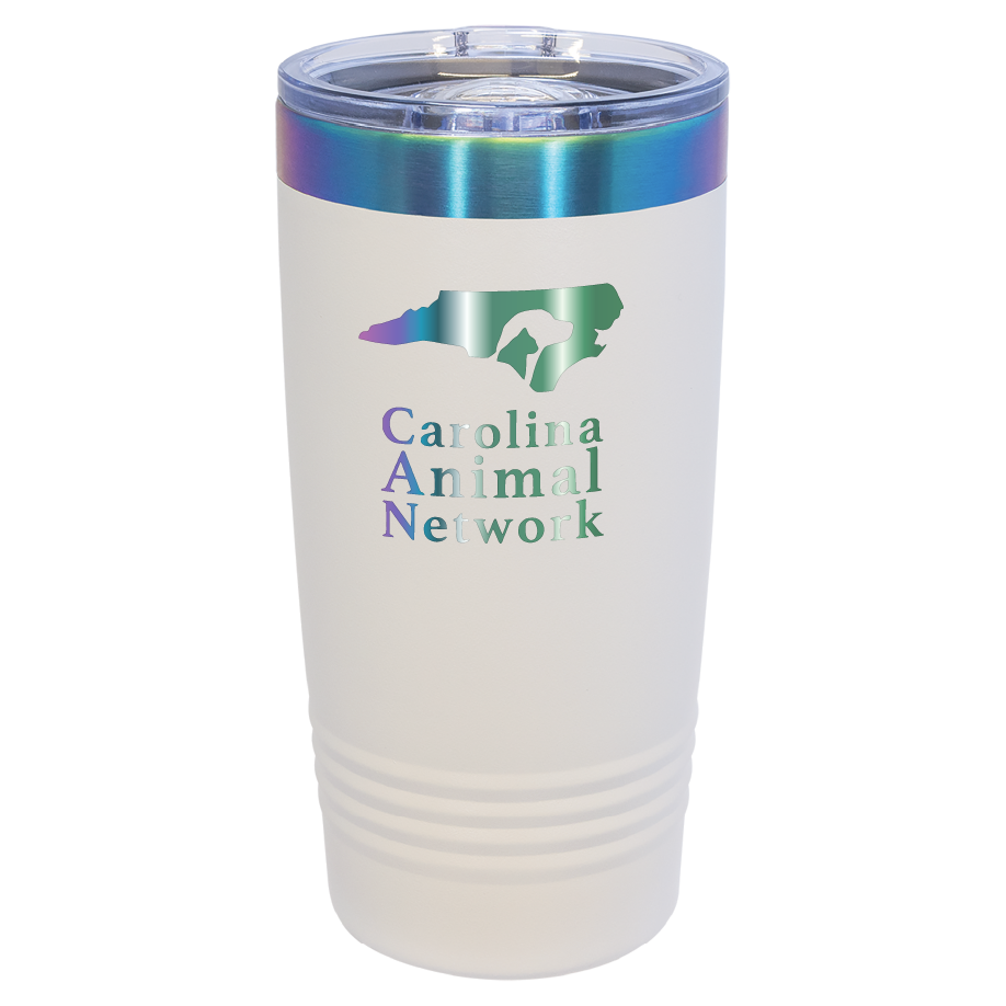 White / prism 20 ounce tumbler laser engraved tumbler featuring the Carolina Animal Network logo