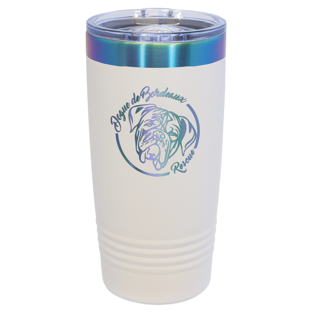 White/prism 20 ounce laser engraved  tumbler featuring the Dogue de Bordeaux Rescue, Inc. logo