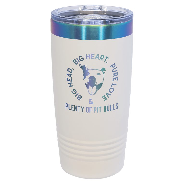 White/prism 20 ounce tumbler laser engraved featuring the Plenty of Pit Bulls logo