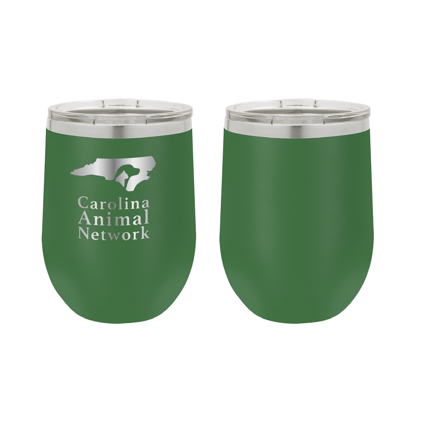 Green 12 oz wine tumbler laser engraved tumbler featuring the Carolina Animal Network logo
