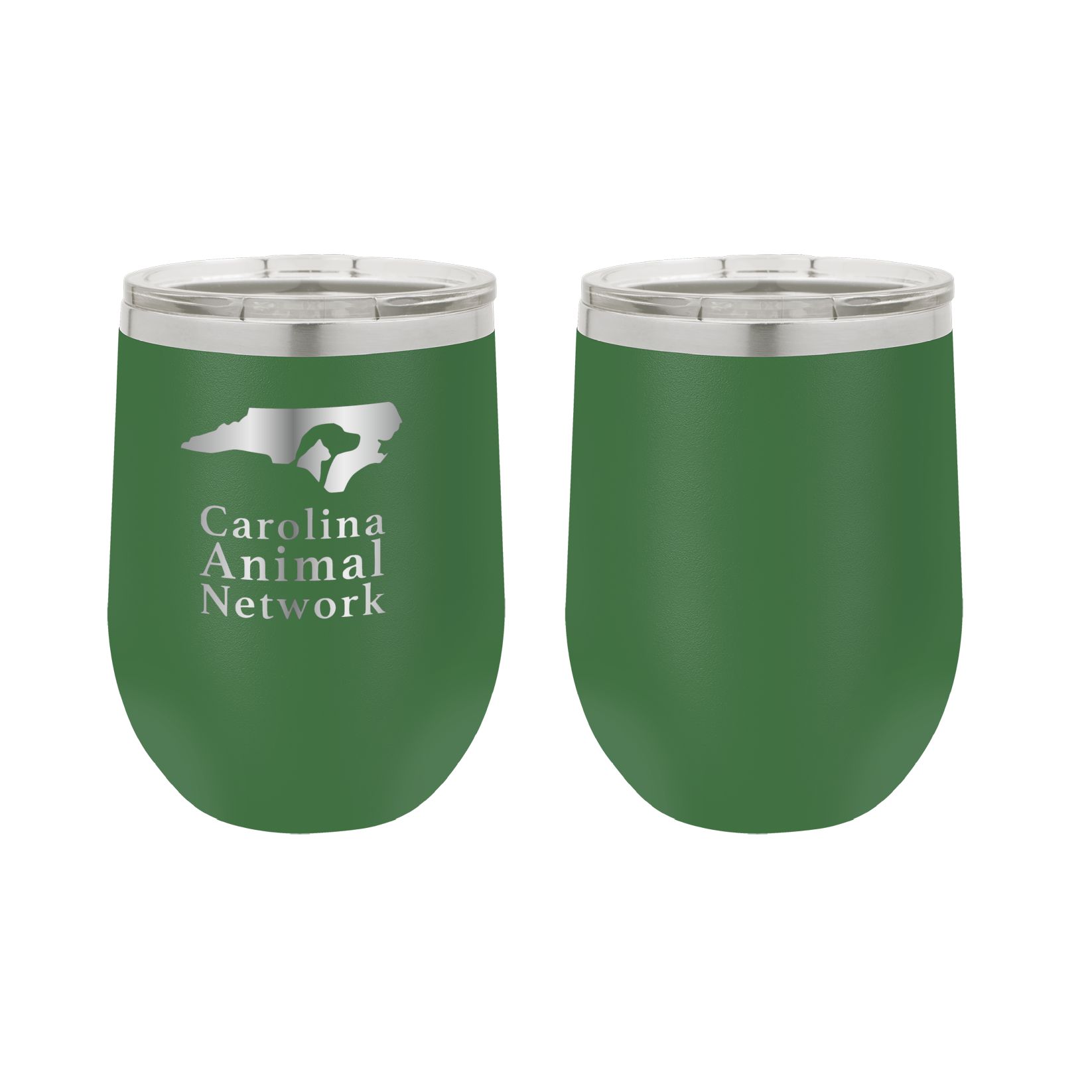 Green 12 oz wine tumbler laser engraved  tumbler featuring the Carolina Animal Network logo