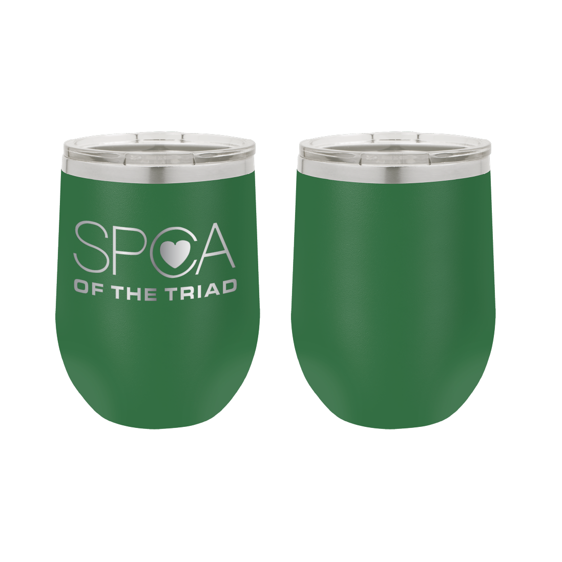 Green 12 oz Laser engraved wine tumbler featuring the SPCA of the Triad logo.