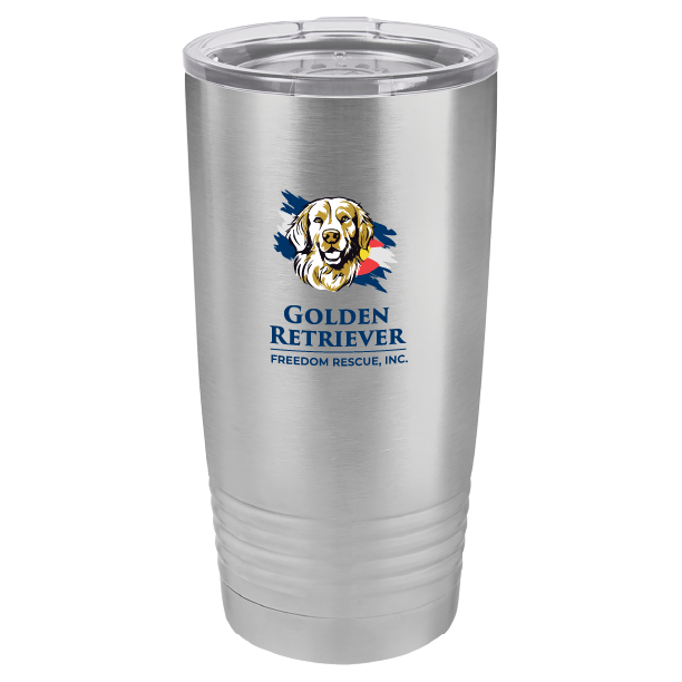 Stainless steel 20 oz full color printed tumbler featuring the Golden Retriever Freedom Rescue logo.