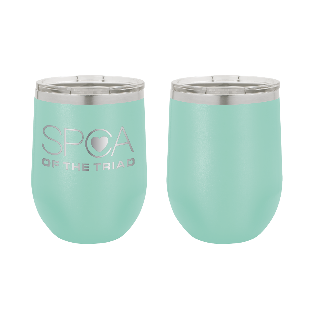 Teal 12 oz Laser engraved wine tumbler featuring the SPCA of the Triad logo.