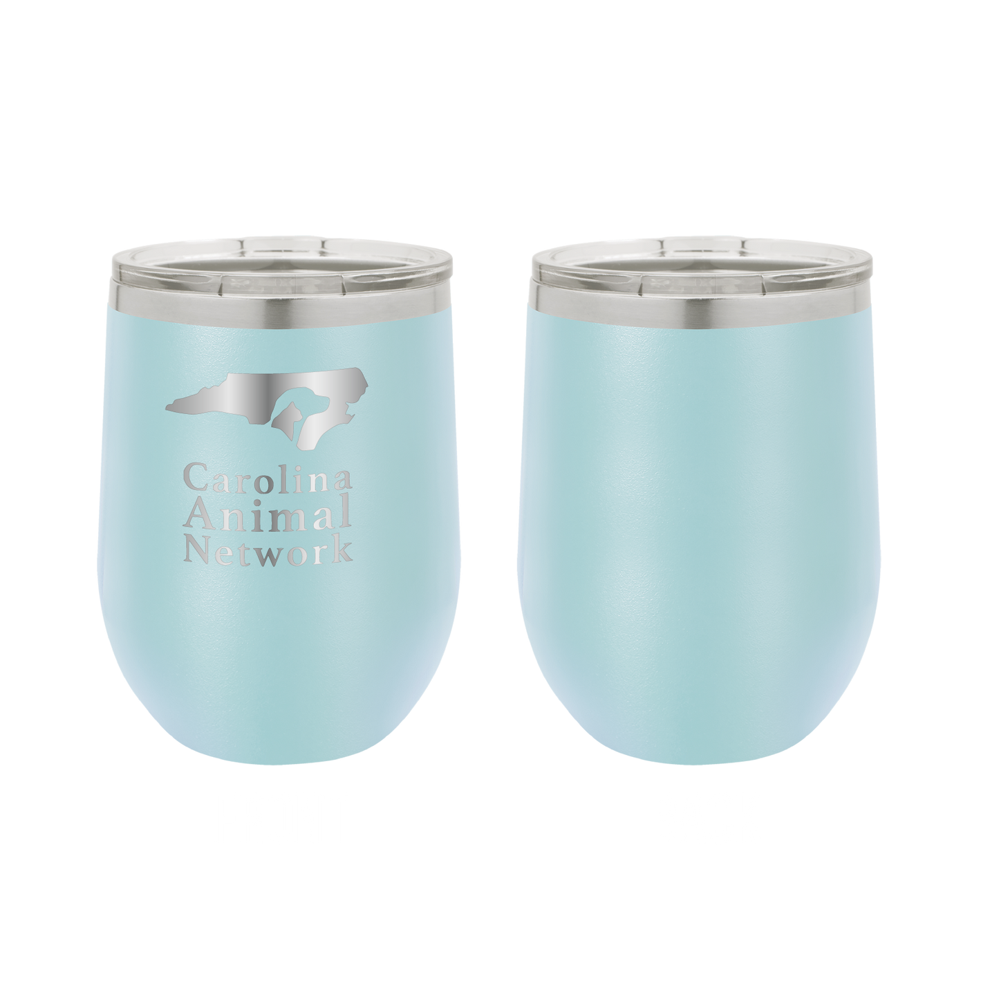 Light blue 12 oz wine tumbler laser engraved tumbler featuring the Carolina Animal Network logo