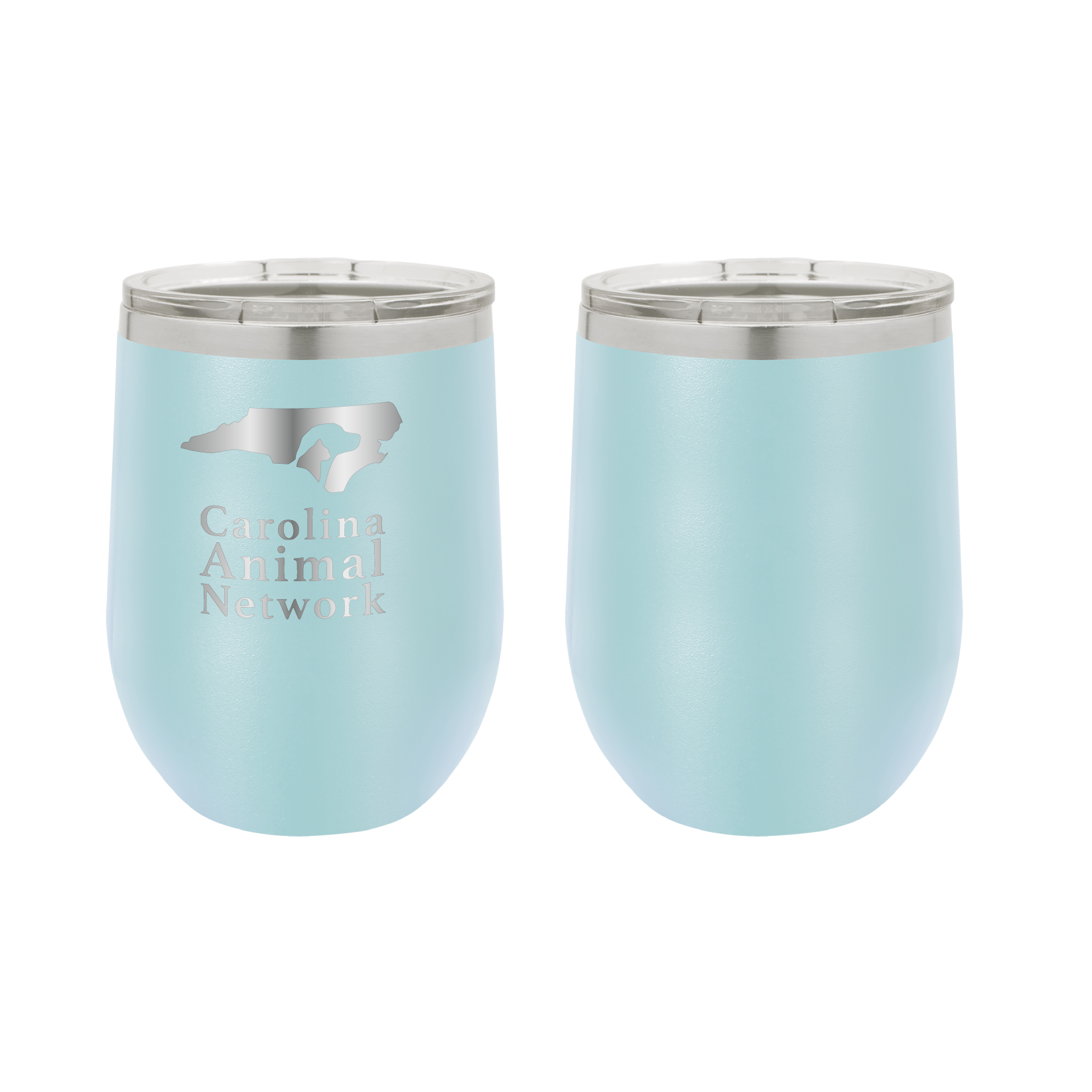 Light blue 12 oz wine tumbler laser engraved  tumbler featuring the Carolina Animal Network logo