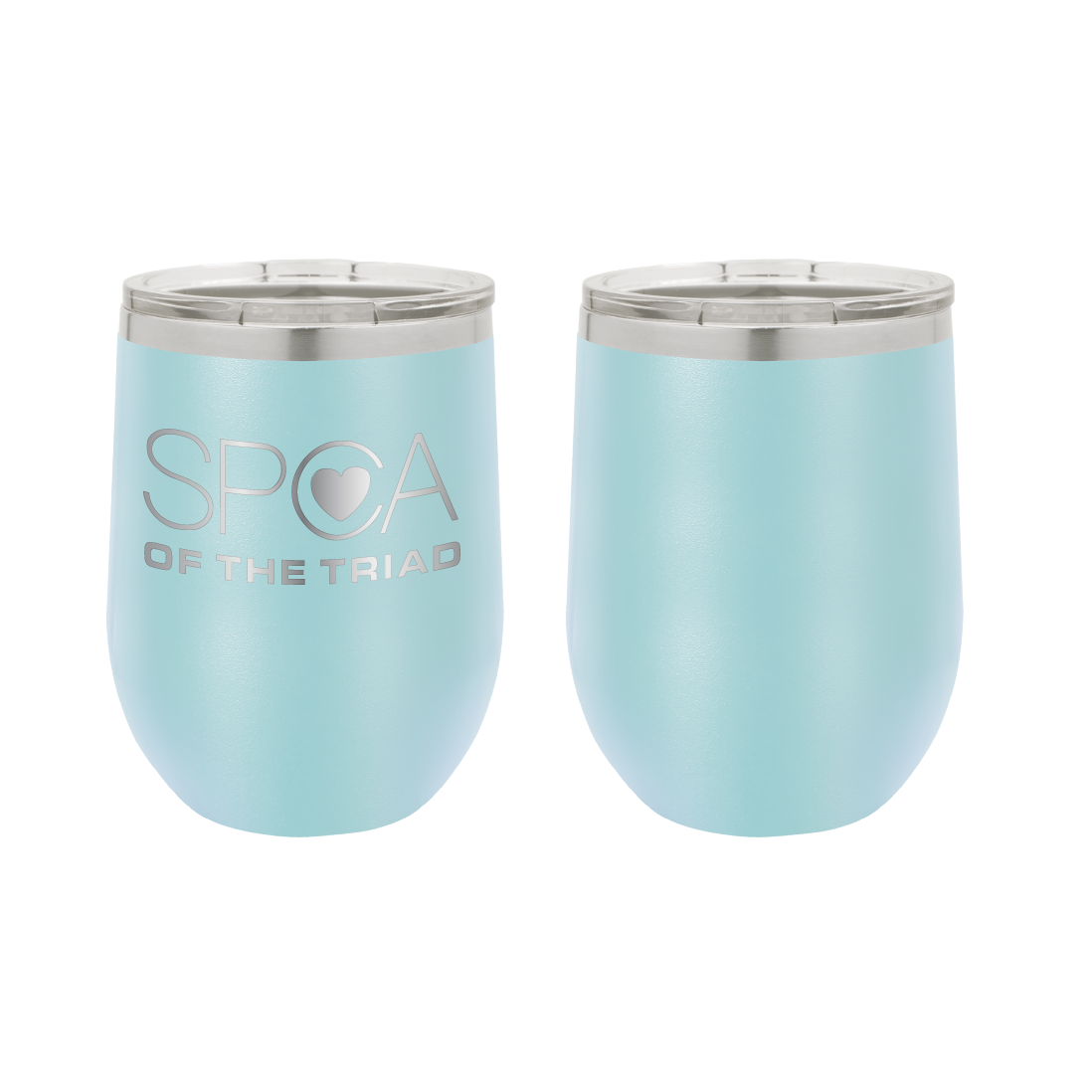 Light Blue 12 oz Laser engraved wine tumbler featuring the SPCA of the Triad logo.