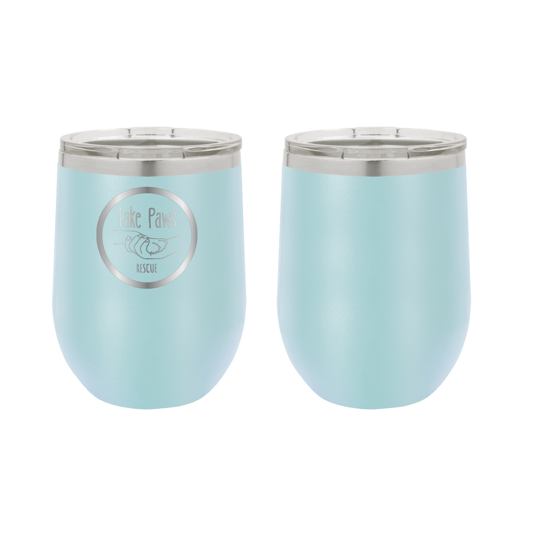Light blue 12 oz wine tumbler laser engraved tumbler featuring the Take Paws Rescue logo