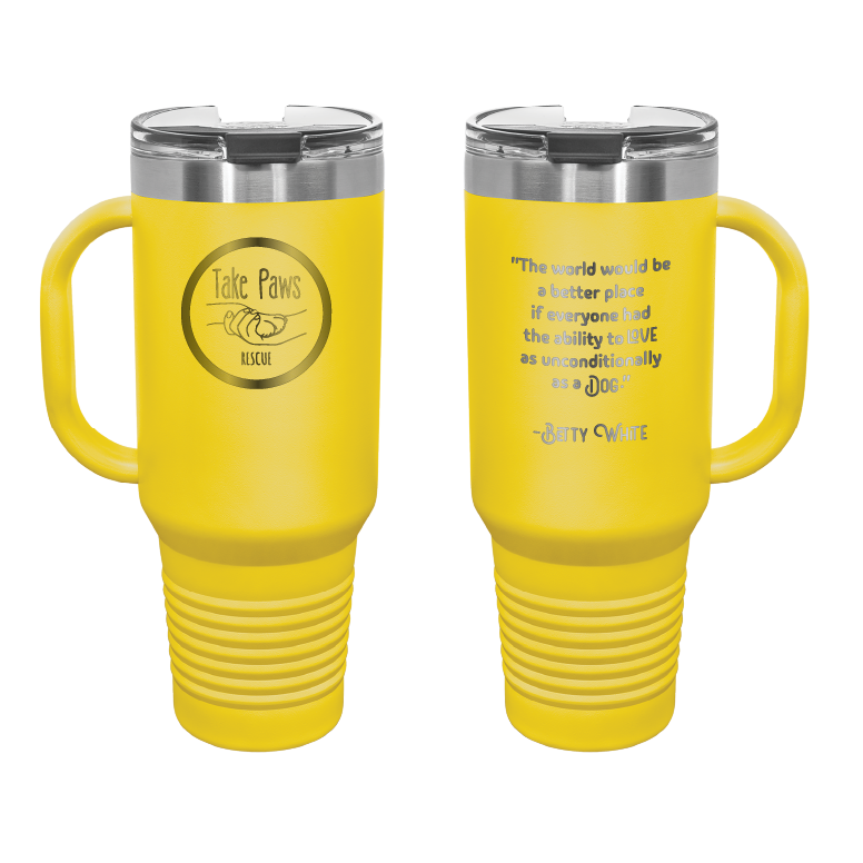 Yellow 40 oz tumbler with handle laser engraved tumbler featuring the Take Paws Rescue logo