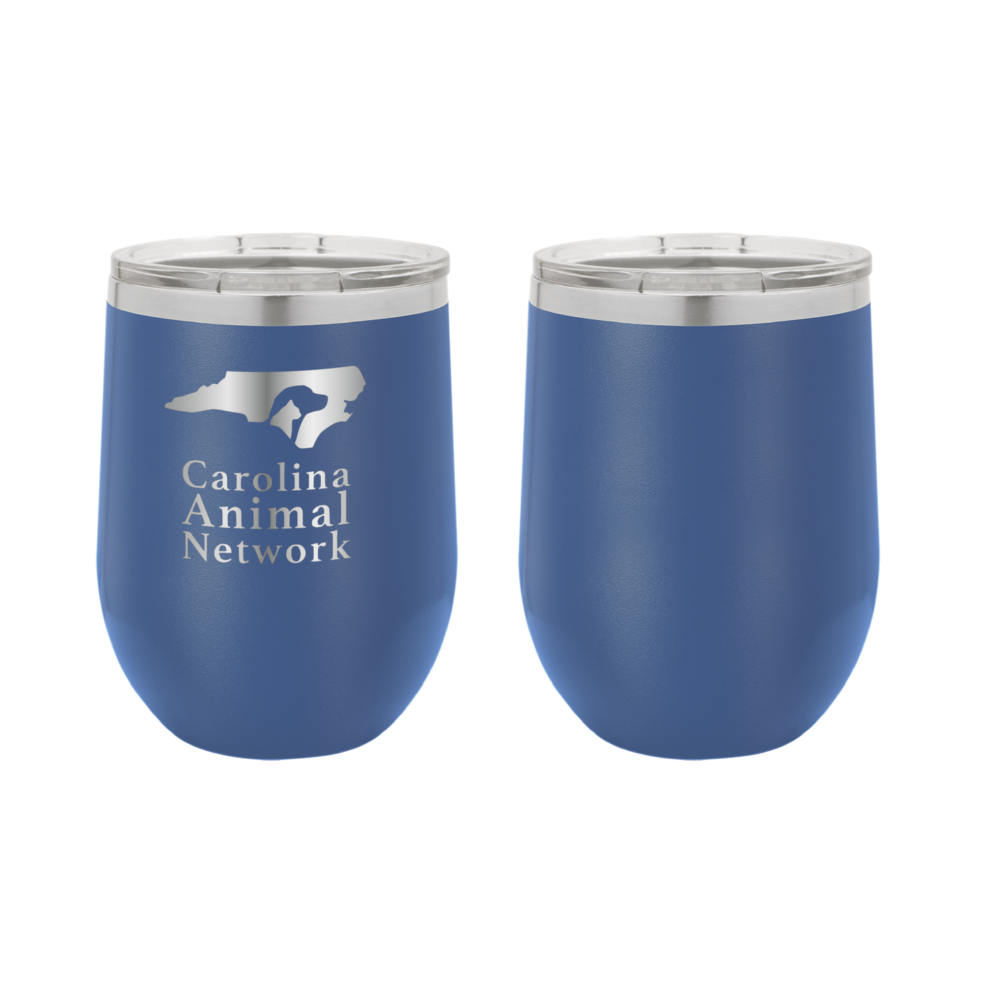 Royal blue 12 oz wine tumbler laser engraved tumbler featuring the Carolina Animal Network logo