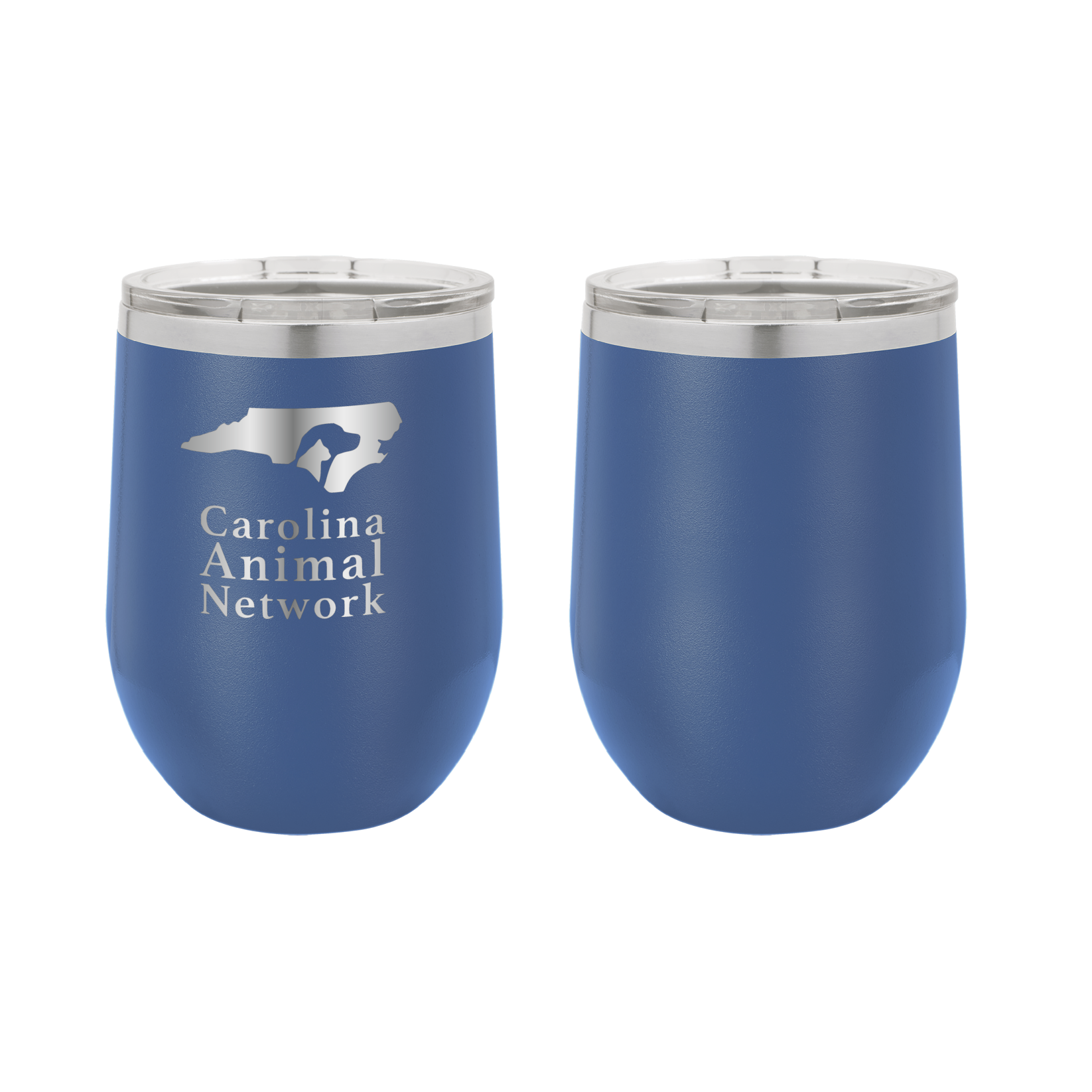 Royal blue 12 oz wine tumbler laser engraved  tumbler featuring the Carolina Animal Network logo