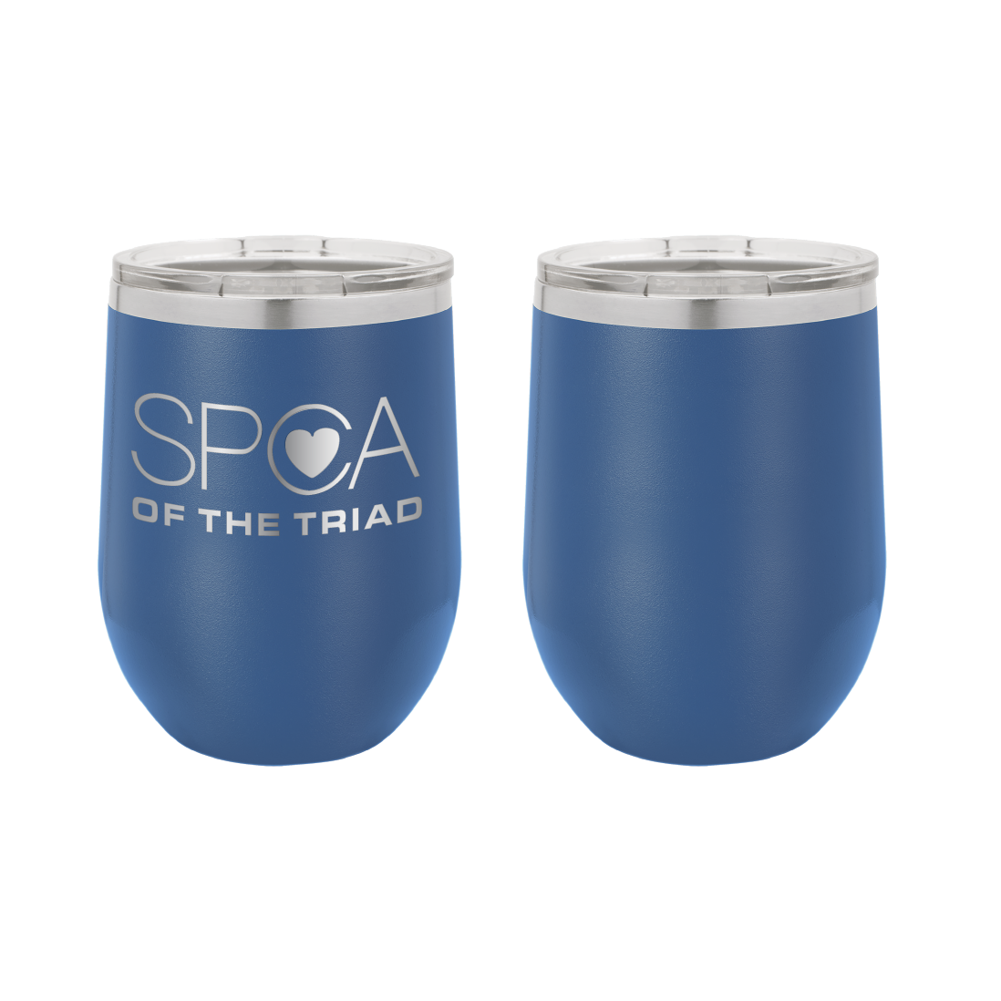 Royal Blue 12 oz Laser engraved wine tumbler featuring the SPCA of the Triad logo.