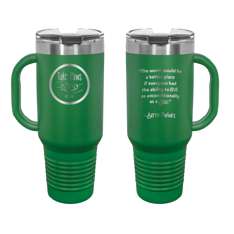 Green 40 oz tumbler with handle laser engraved tumbler featuring the Take Paws Rescue logo