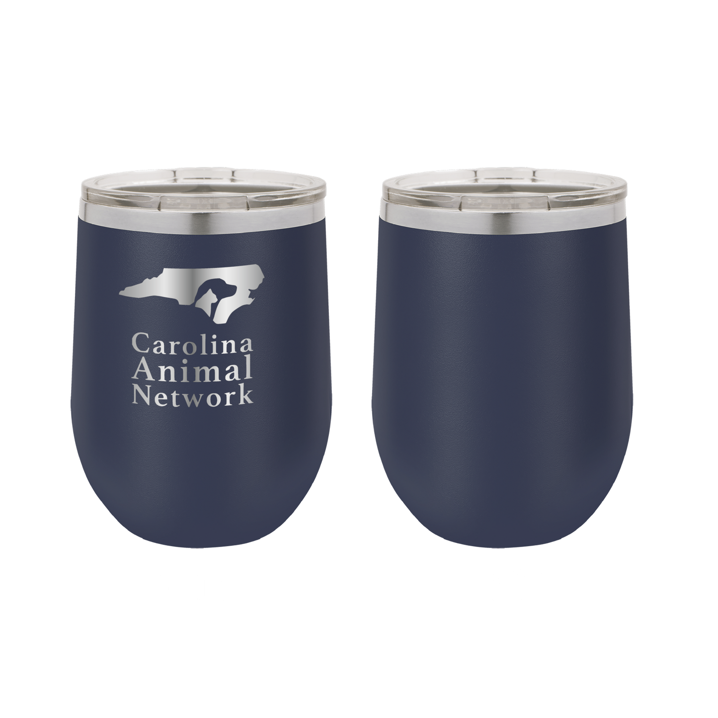 Navy blue 12 oz wine tumbler laser engraved tumbler featuring the Carolina Animal Network logo