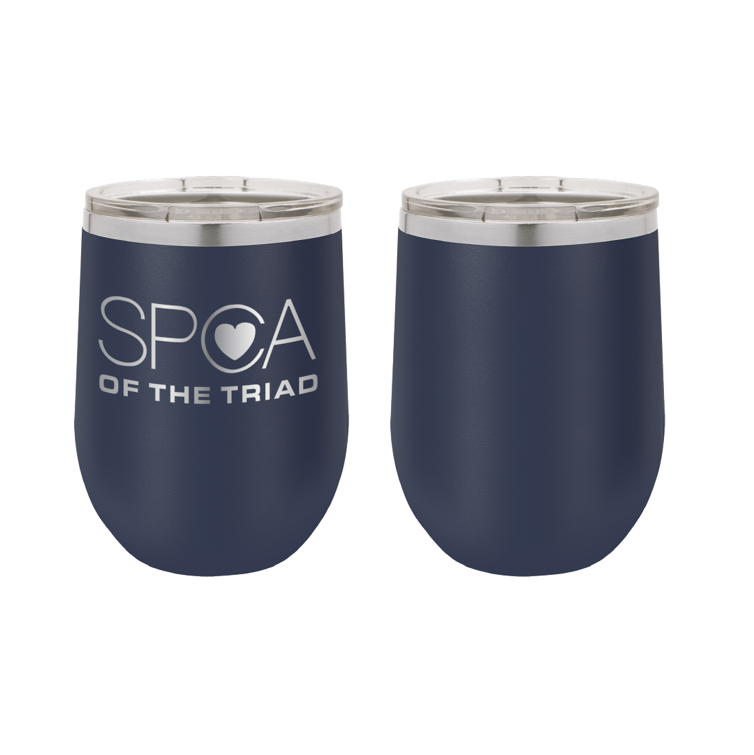 Navy Blue 12 oz Laser engraved wine tumbler featuring the SPCA of the Triad logo.