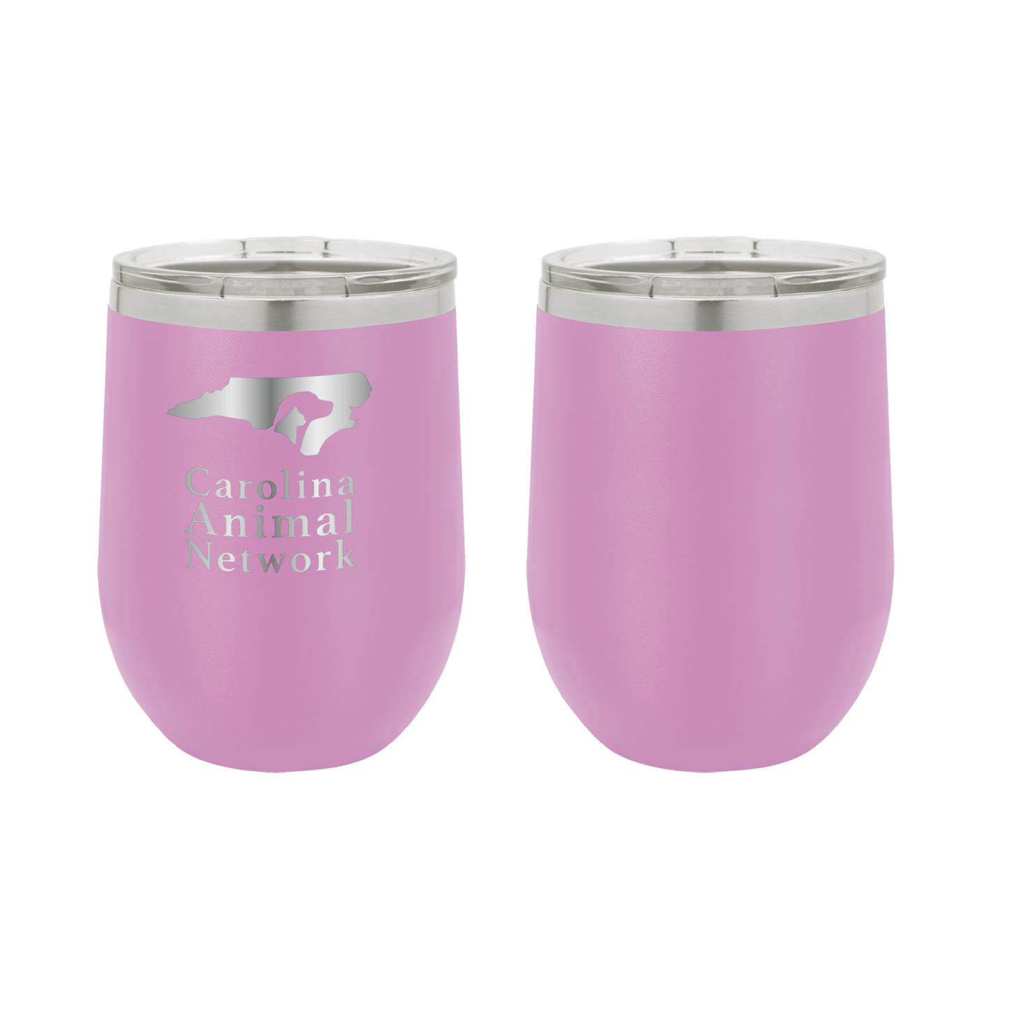 Light purple 12 oz wine tumbler laser engraved tumbler featuring the Carolina Animal Network logo