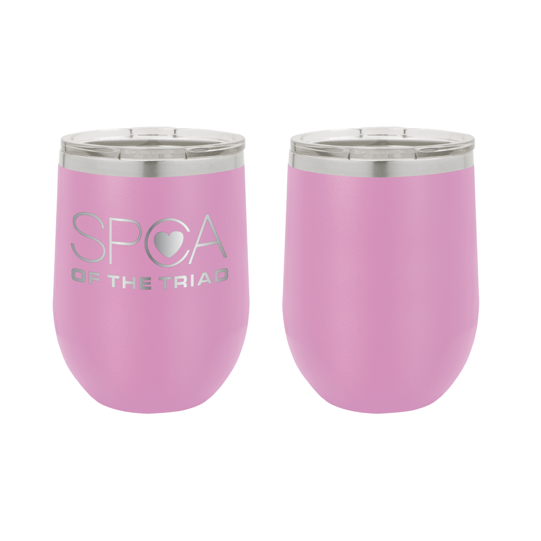Light Purple 12 oz Laser engraved wine tumbler featuring the SPCA of the Triad logo.