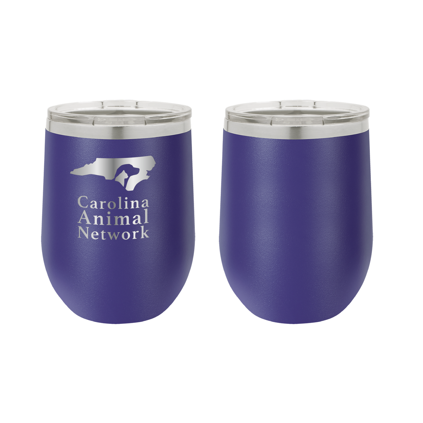 Purple 12 oz wine tumbler laser engraved tumbler featuring the Carolina Animal Network logo
