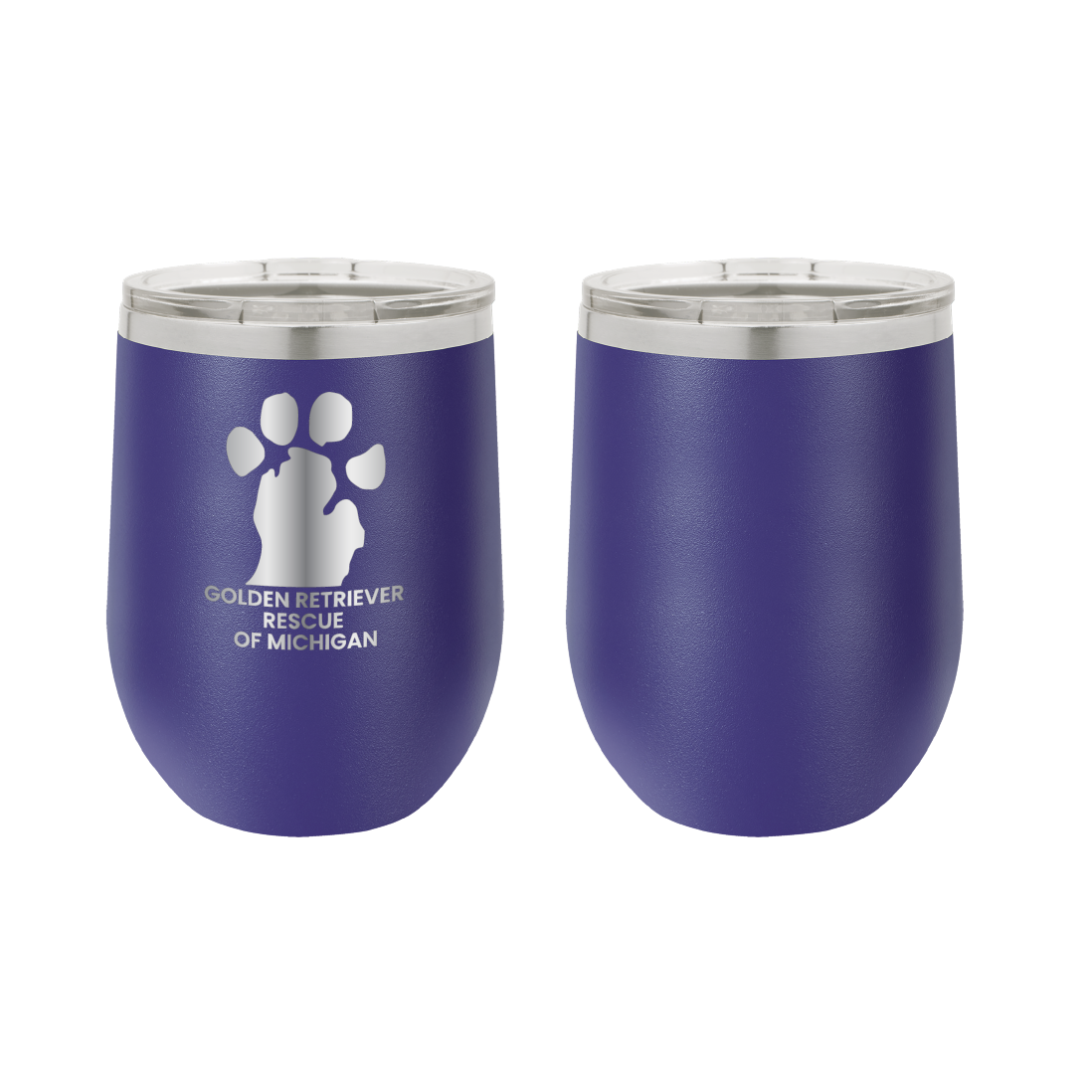 Purple 12 oz Wine tumbler featuring the Golden Retriever Rescue of Michigan logo