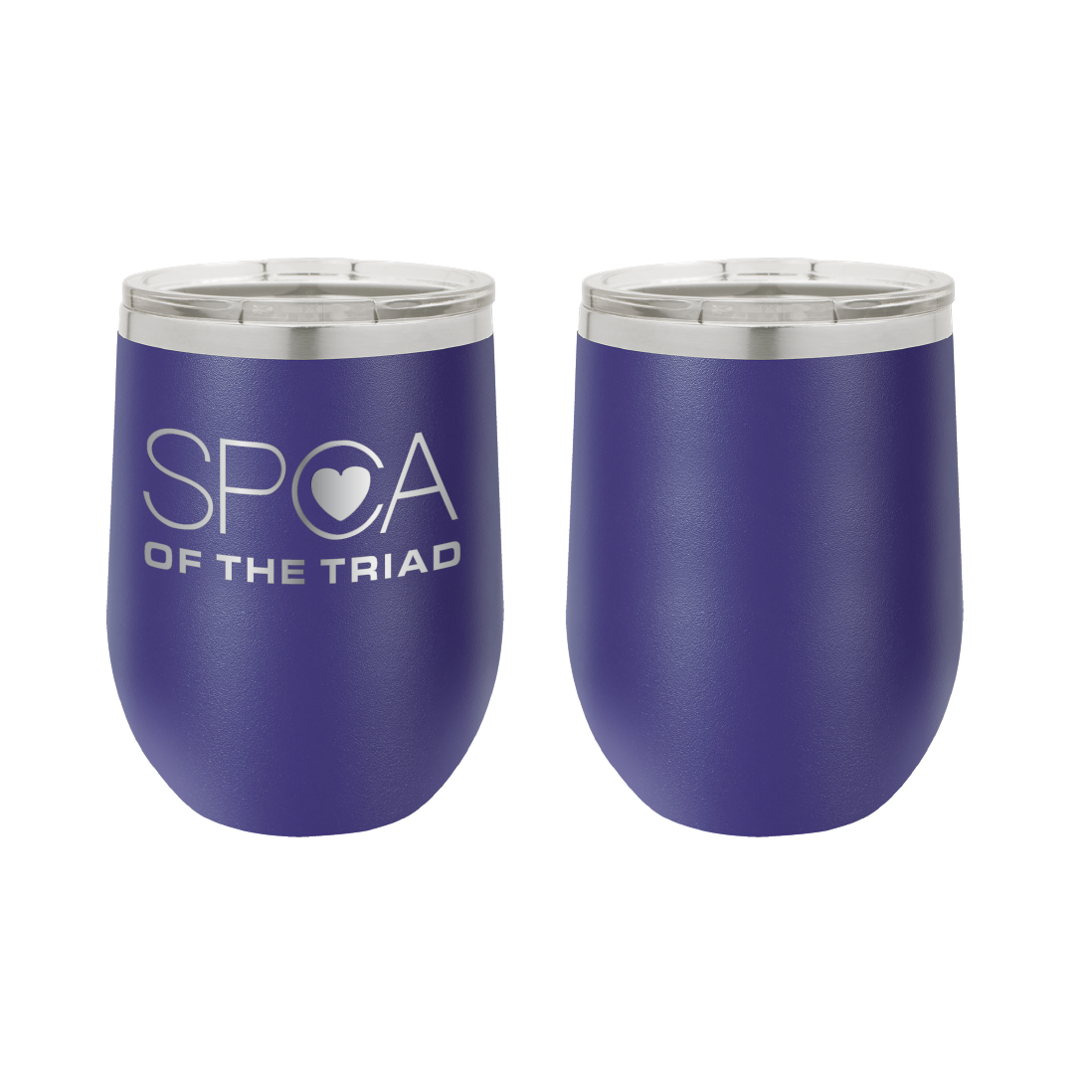 Purple 12 oz Laser engraved wine tumbler featuring the SPCA of the Triad logo.