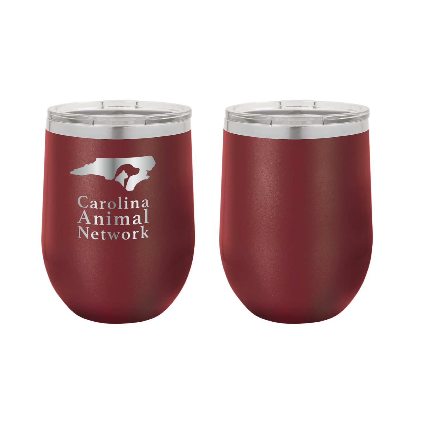 Maroon 12 oz wine tumbler laser engraved tumbler featuring the Carolina Animal Network logo