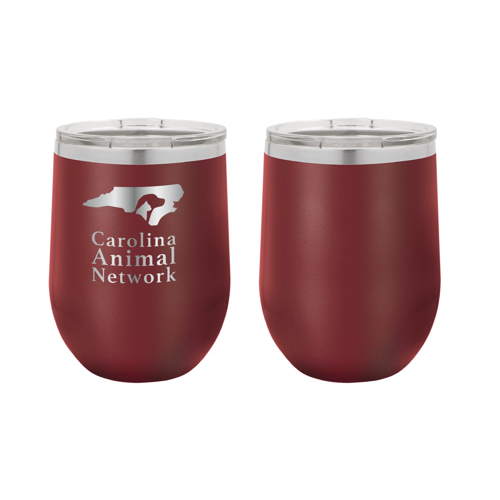 Maroon 12 oz wine tumbler laser engraved  tumbler featuring the Carolina Animal Network logo