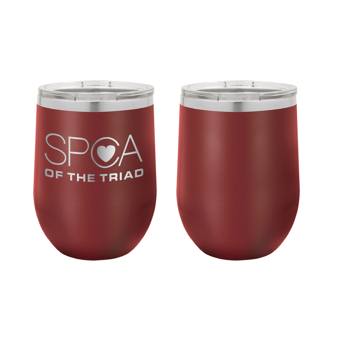 Maroon 12 oz Laser engraved wine tumbler featuring the SPCA of the Triad logo.