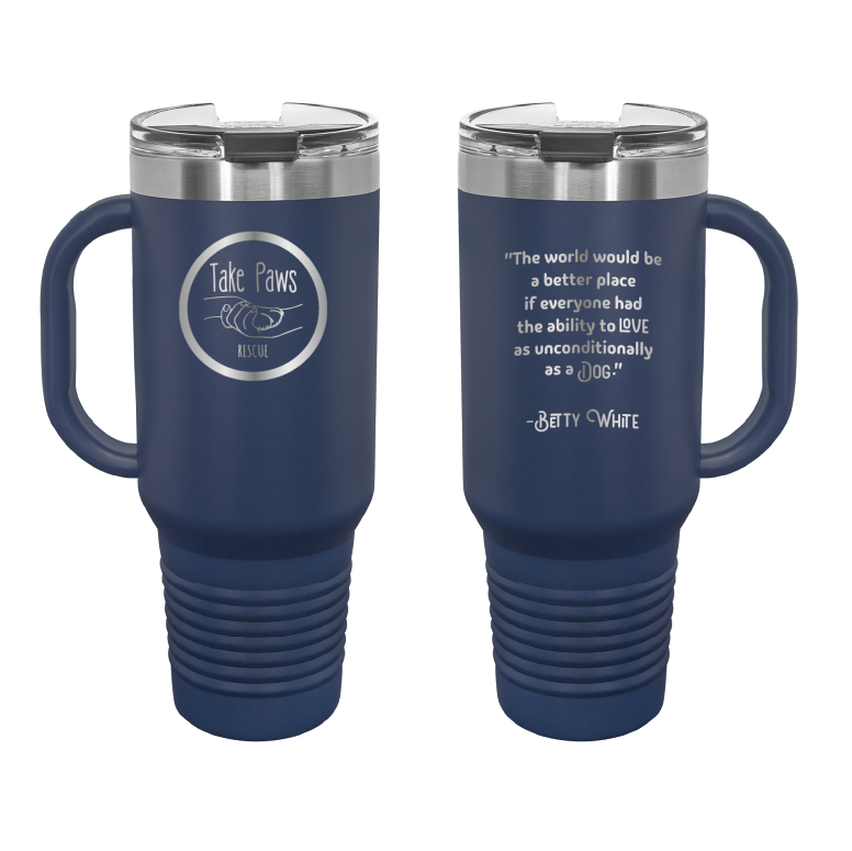 Navy Blue 40 oz tumbler with handle laser engraved tumbler featuring the Take Paws Rescue logo