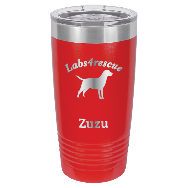 Red laser engraved 20 oz tumbler featuring the Labs4rescue logo and the name Zuzu.