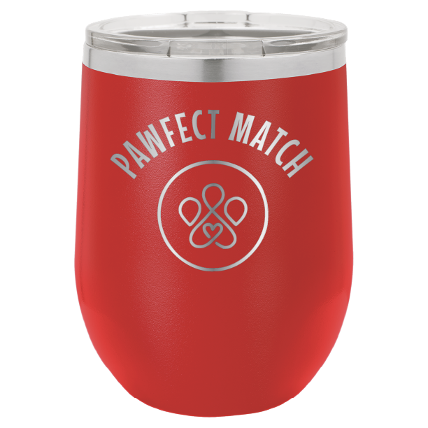Red laser engraved wine tumbler featuring the Pawfect March logo