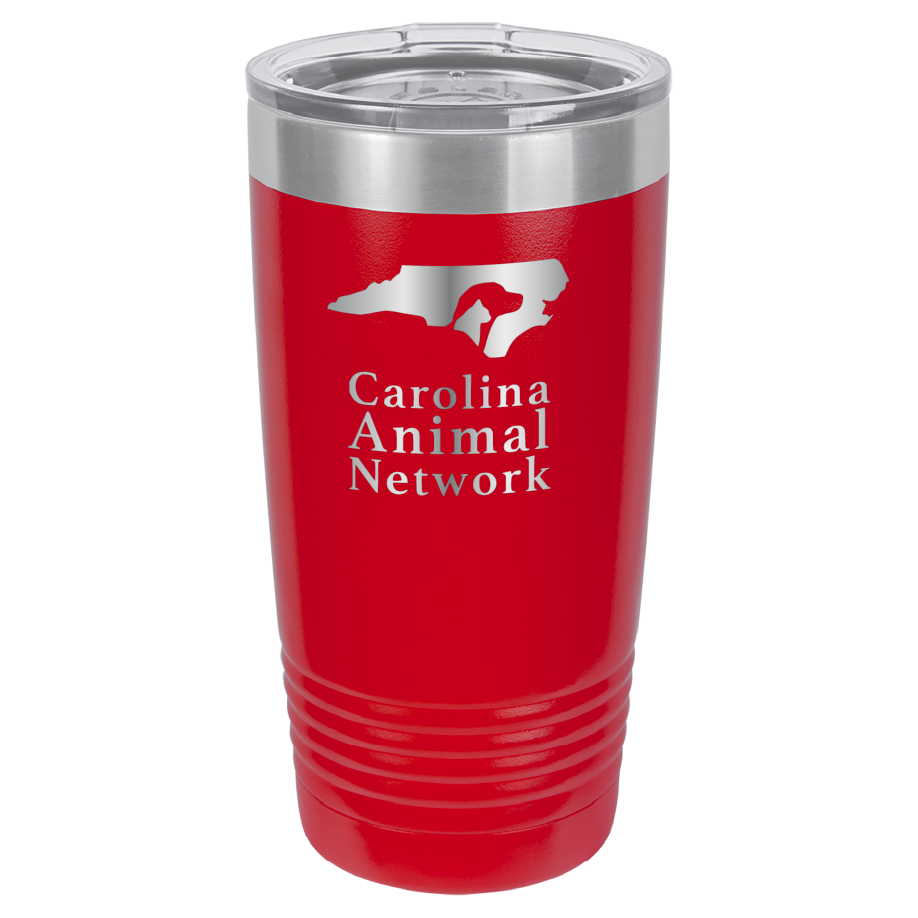 Red 20 ounce tumbler laser engraved  tumbler featuring the Carolina Animal Network logo