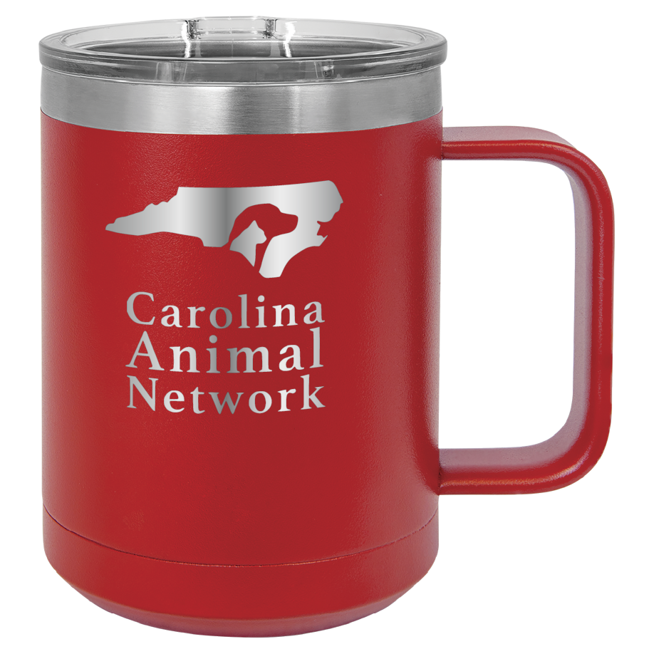 Red 15 oz coffee cup laser engraved tumbler featuring the Carolina Animal Network logo