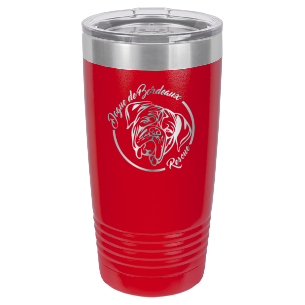 Red 20 ounce laser engraved  tumbler featuring the Dogue de Bordeaux Rescue, Inc. logo