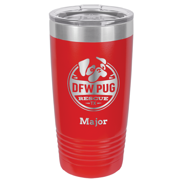 DFW Puf Rescue laser engraved 20 oz tumbler in red.