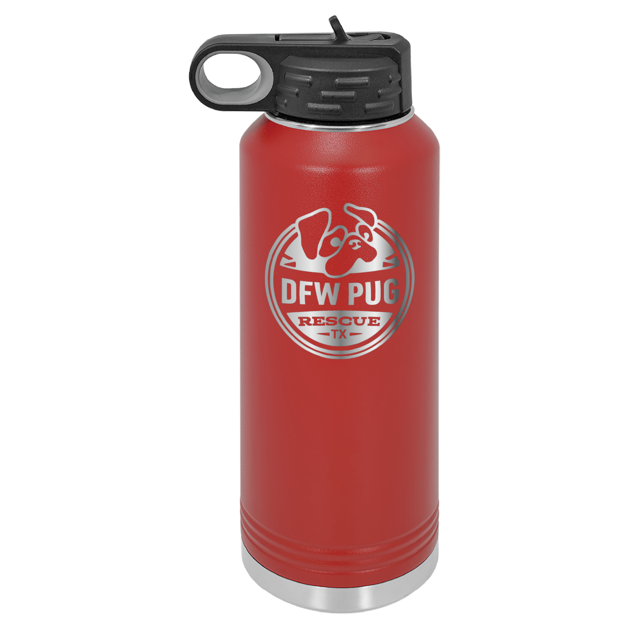 Red laser engraved 40 oz water bottle featuring the DFW Pug Rescue logo