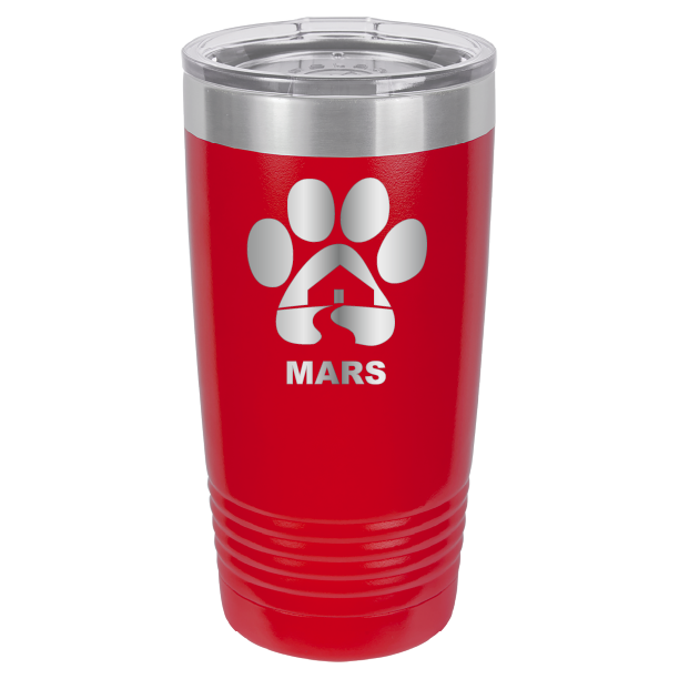 Red 20 ounce laser engraved tumbler with the Midwest Animal Rescue & Services (MARS) logo.