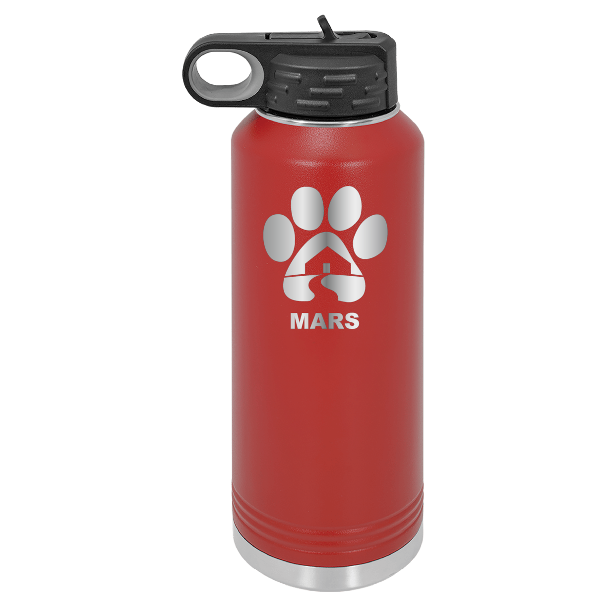 Red 40 ounce laser engraved water bottle, featuring the with the Midwest Animal Rescue & Services (MARS) logo