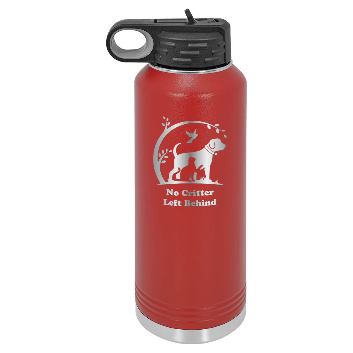 Red laser engraved 40 oz water bottle featuring the No Critter Left Behind logo