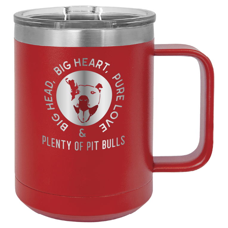 Red 15 oz coffee cup laser engraved featuring the Plenty of Pit Bulls logo