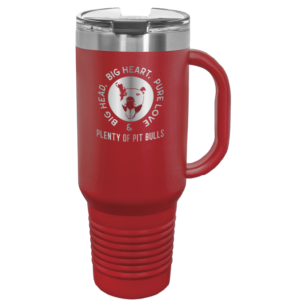 Red 40 oz tumbler with handle laser engraved featuring the Plenty of Pit Bulls logo