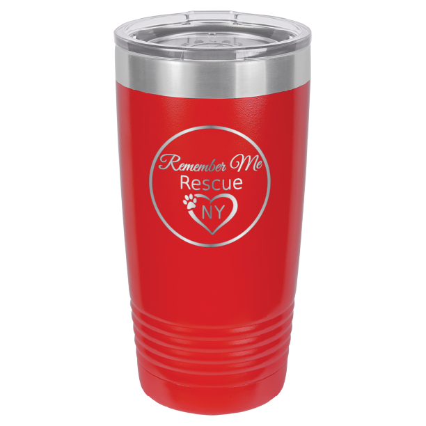 Red laser engraved 20 tumbler featuring the logo of Remember Me Rescue NY