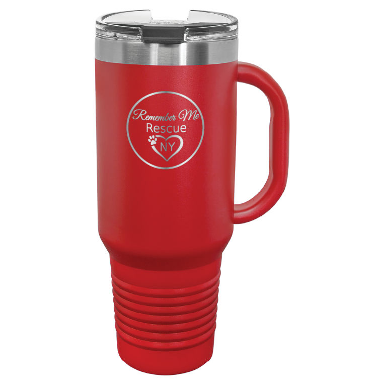Red 40 oz laser engraved tumbler featuring the Remember Me Rescue NY logo.