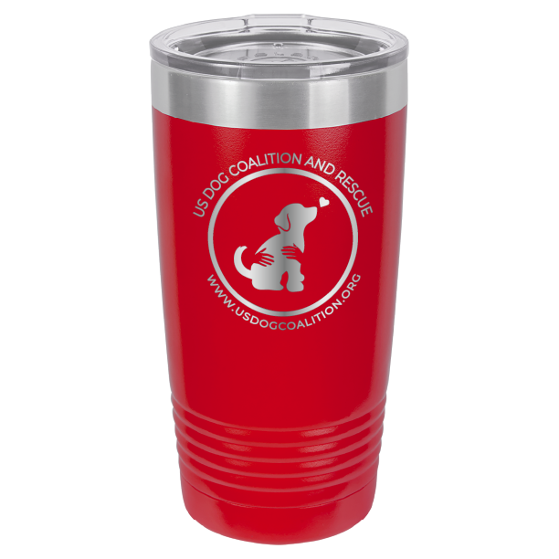 Red 20 Oz Laser Engraved Tumbler featuring the US Dog Coalition logo.