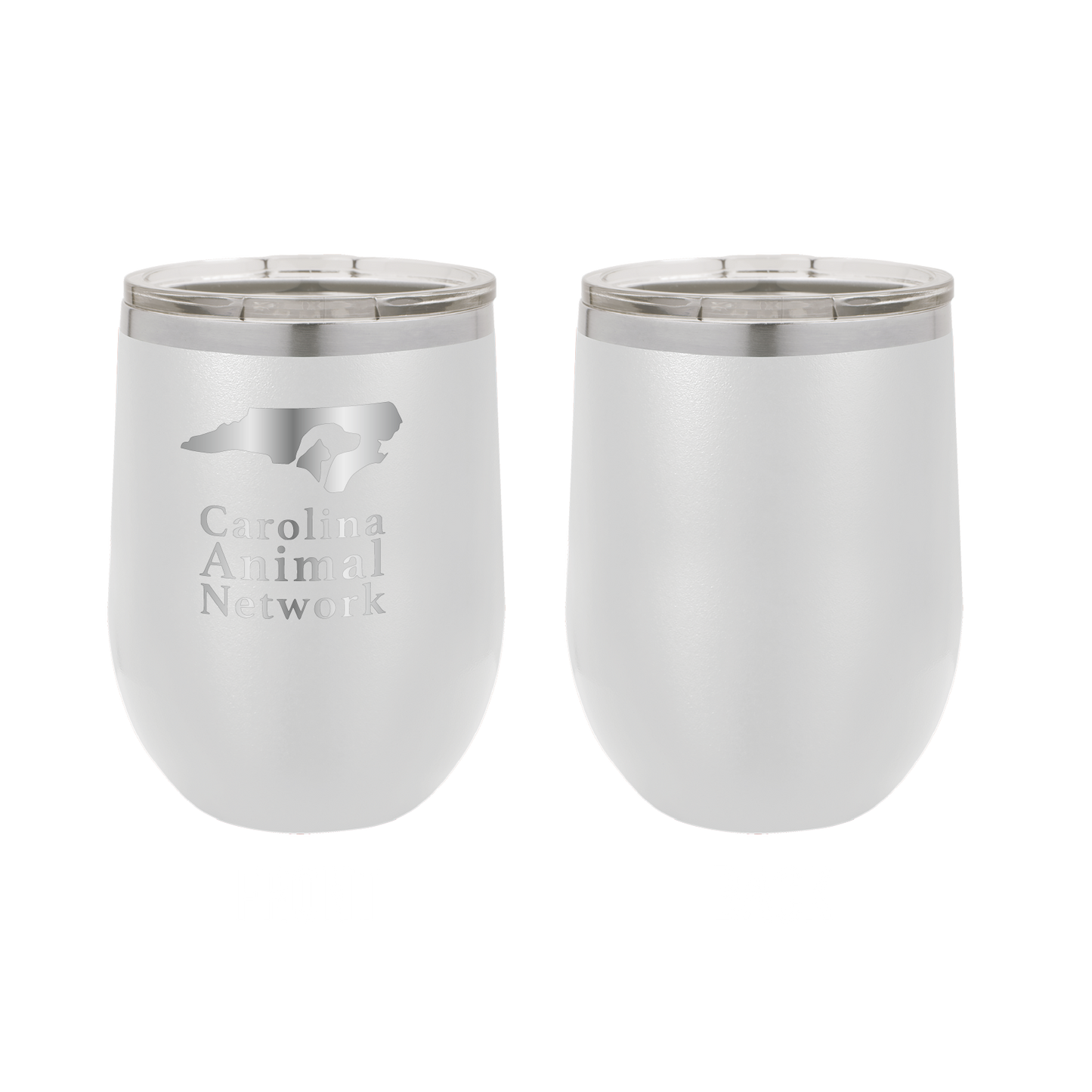 White / stainless 12 oz wine tumbler laser engraved tumbler featuring the Carolina Animal Network logo